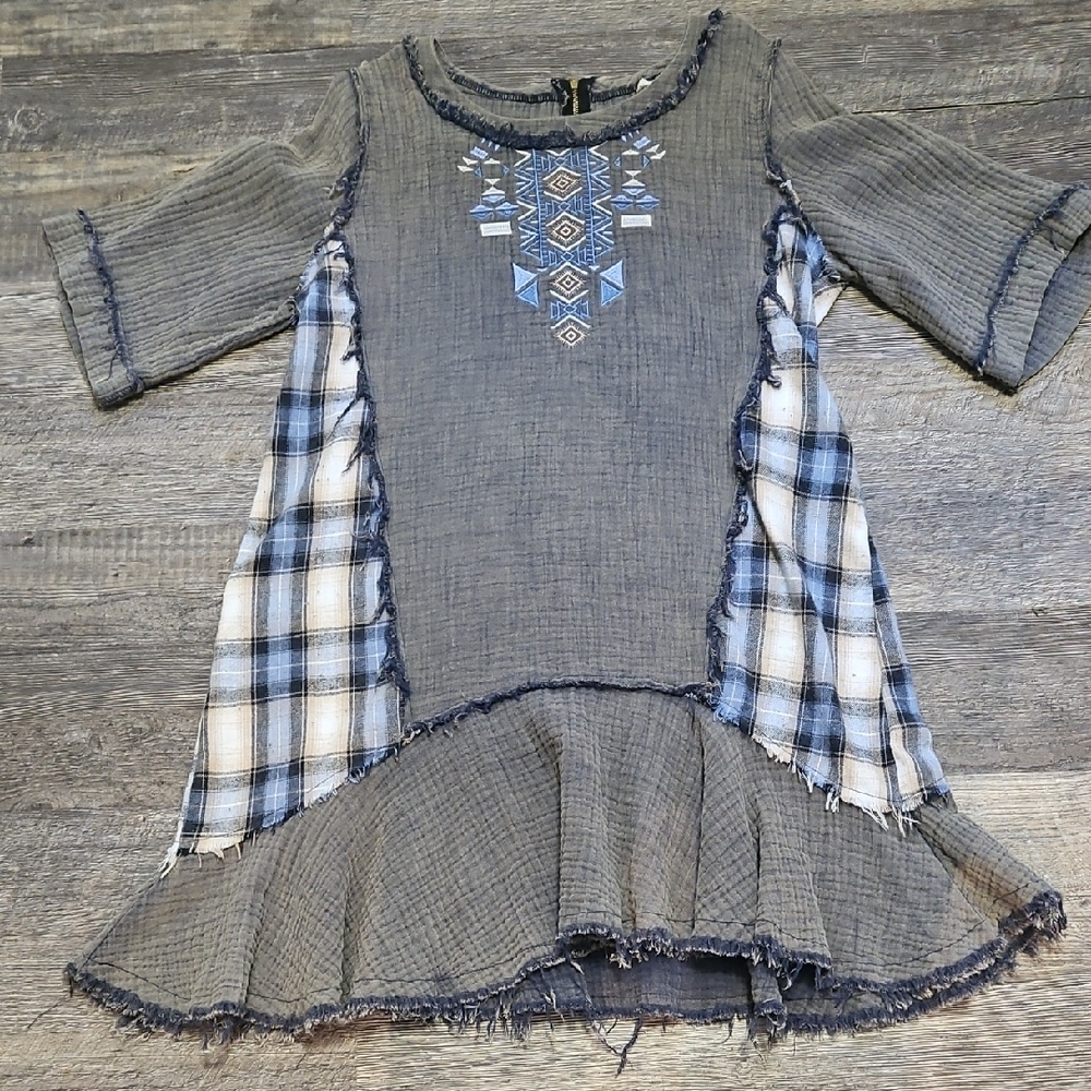 POL Charcoal and Navy Cotton Flannel Distressed Dress Lounge Small